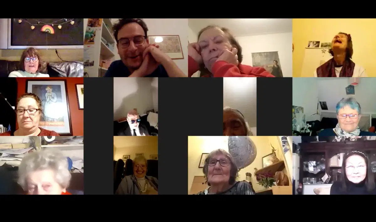A lively virtual gathering with a mix of emotions: from laughter and smiles to pensive and casual looks, showcasing the diversity of interactions in a video conference call.