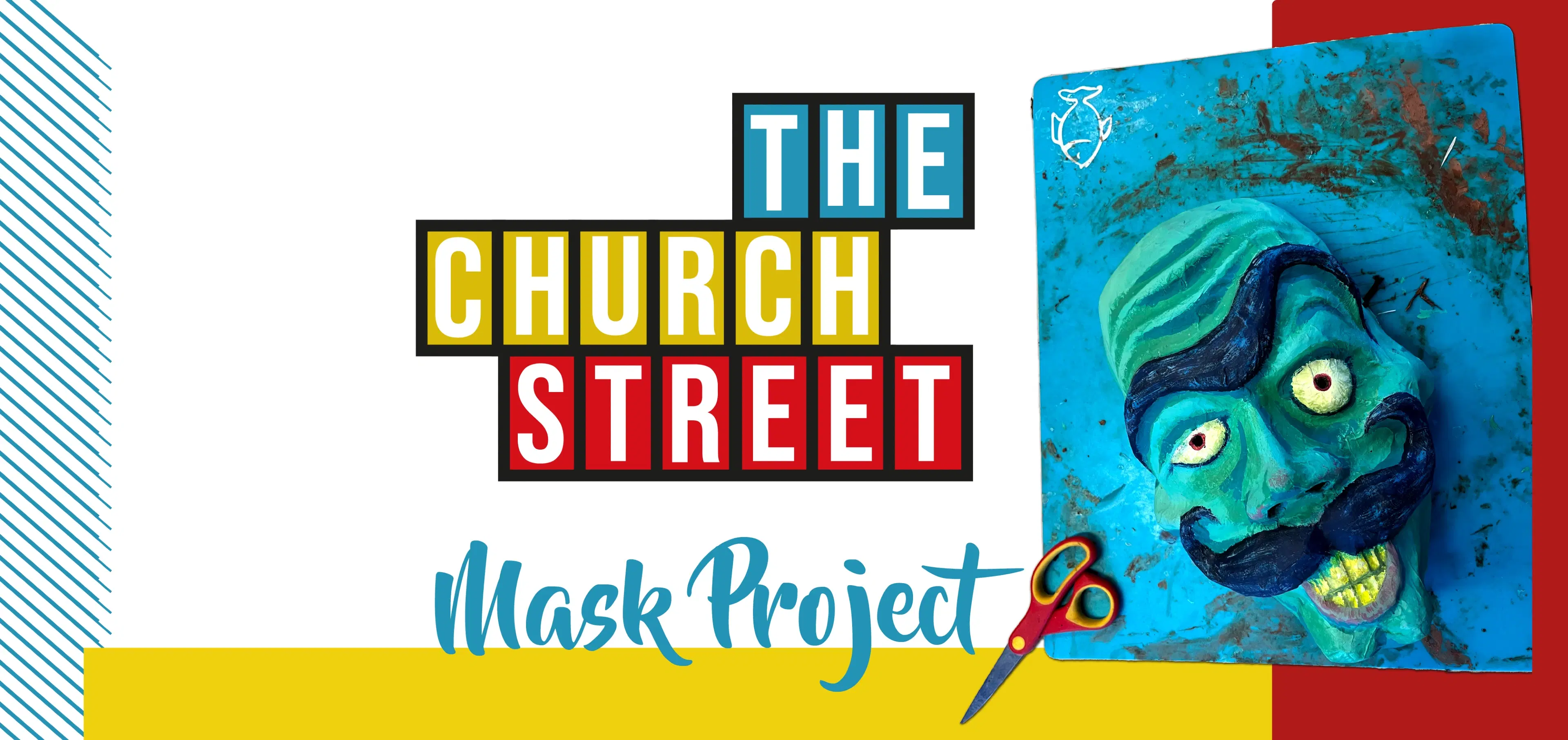 Vibrant and artistic: the church street mask project banner showcasing a colorful hand-painted mask.