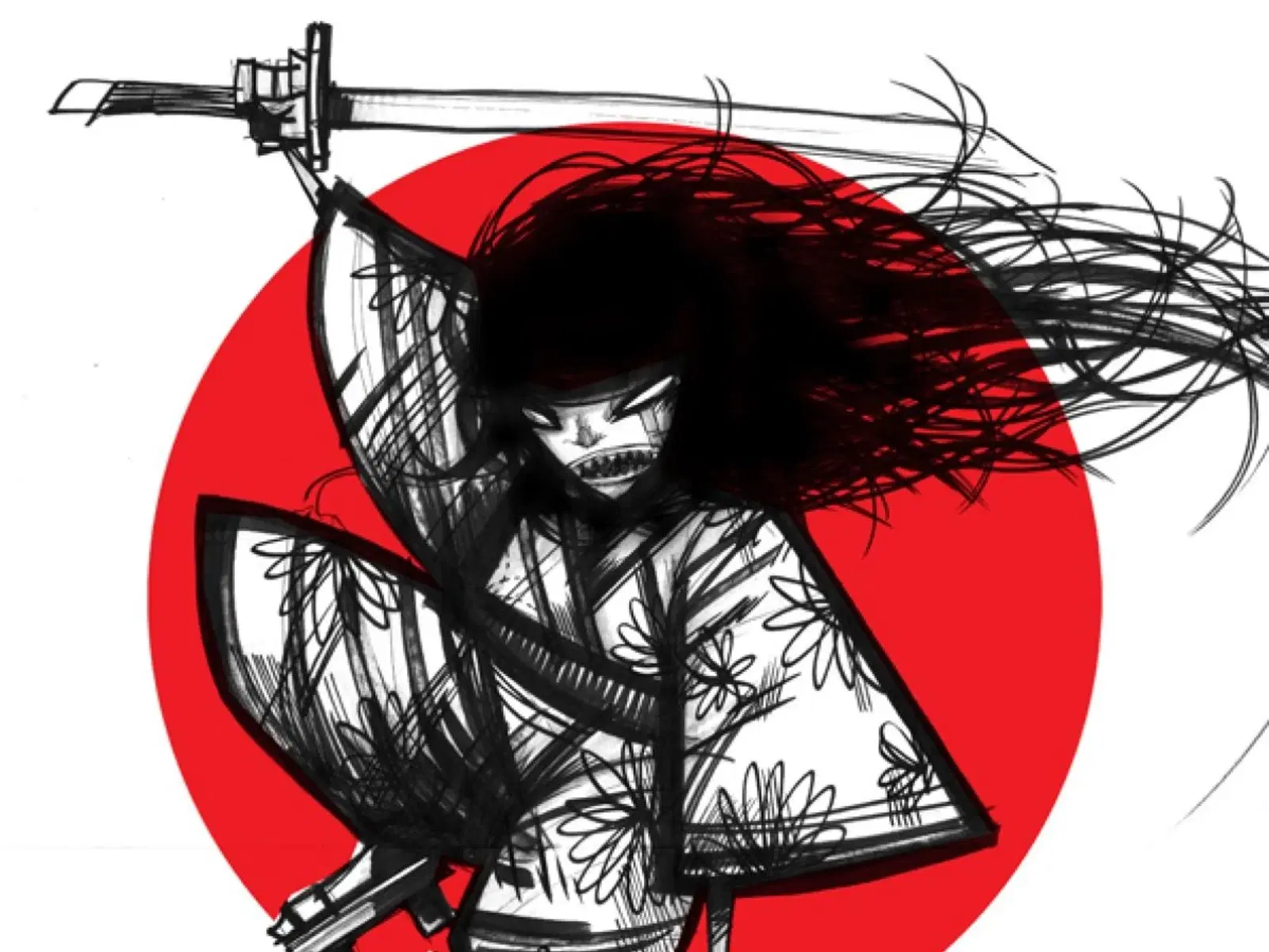 A fierce warrior in traditional attire, brandishing a sword overhead with determination, set against a striking red backdrop that highlights the action.